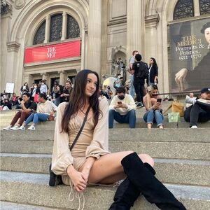 Beige Ruched Dress with long sleeves